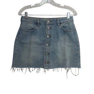 PacSun Denim Button Up Mini Skirt Womens Size 26 Blue Frayed Hem
